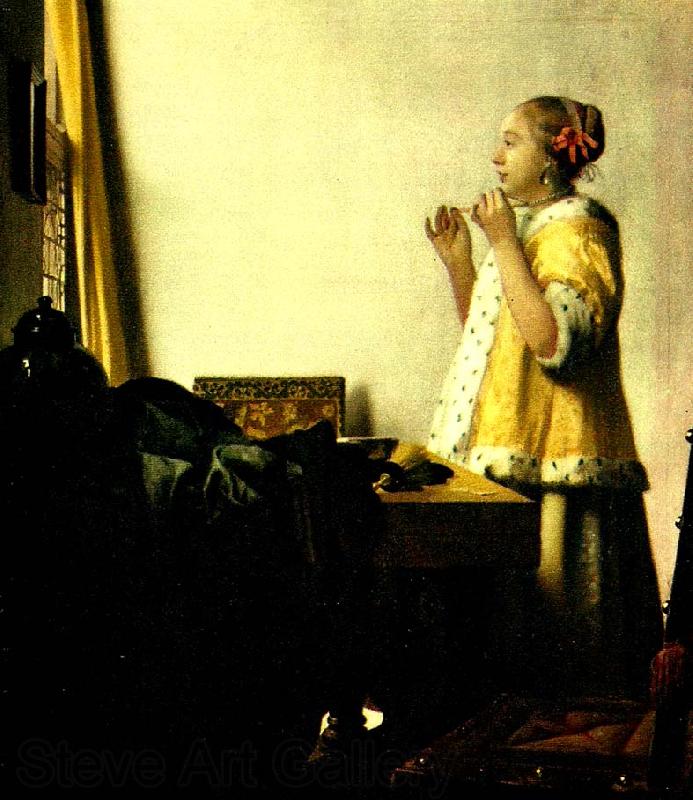 Jan Vermeer ung dam ned parlhalsband France oil painting art